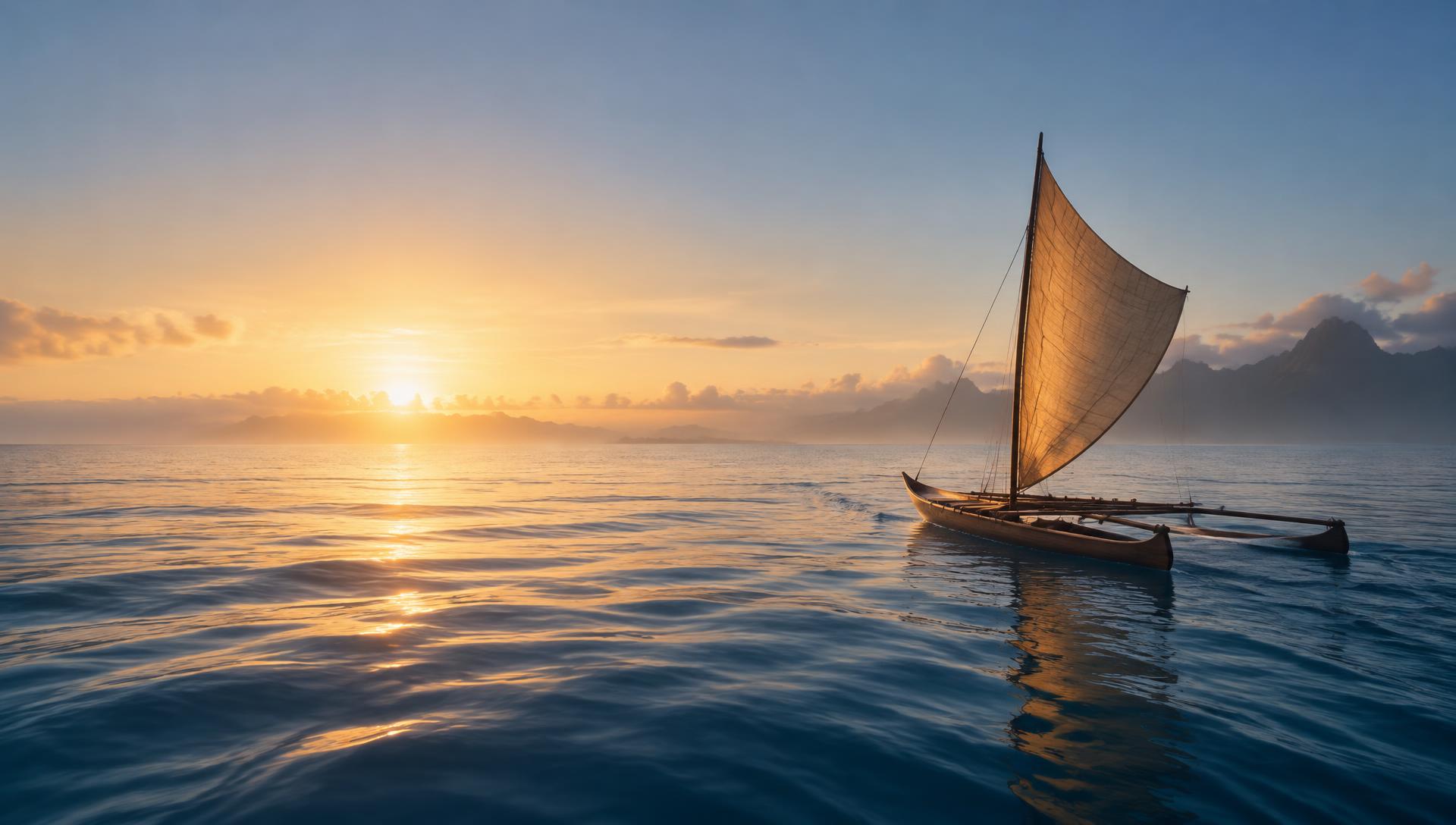 Une pirogue à voile glisse sur l’océan au lever du jour